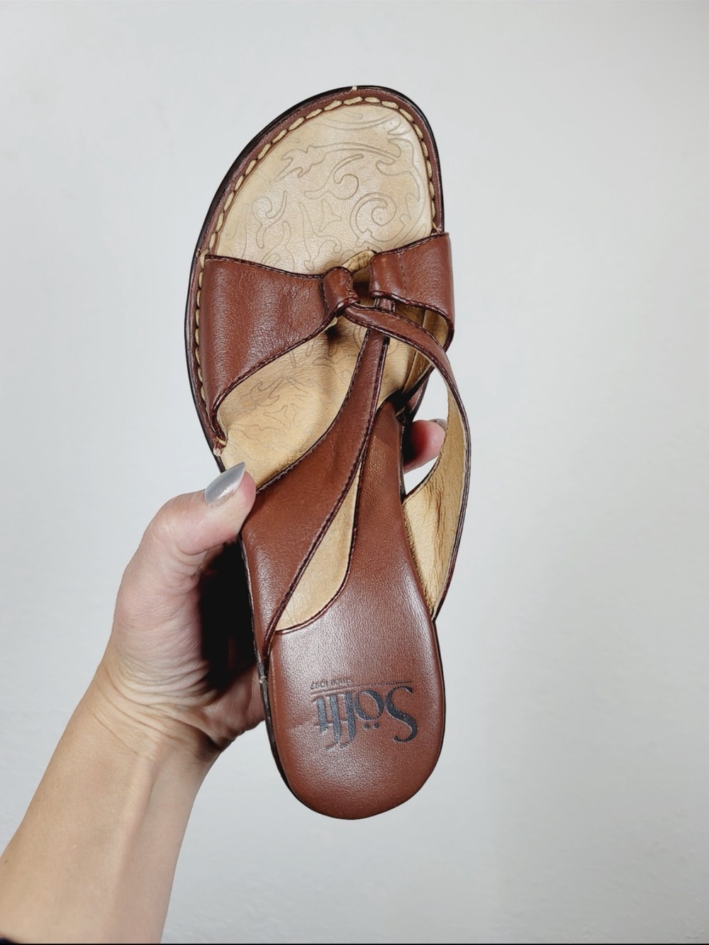 Sofft Brown Leather Knot Slide Sandal, Size 6.5